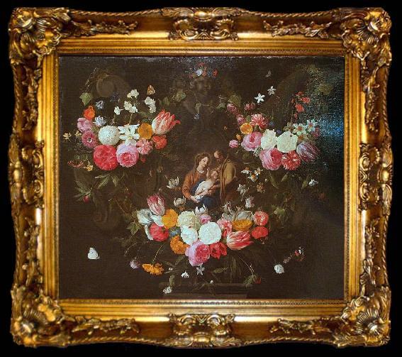 framed  Jan Van Kessel Garland of Flowers with the Holy Family, ta009-2